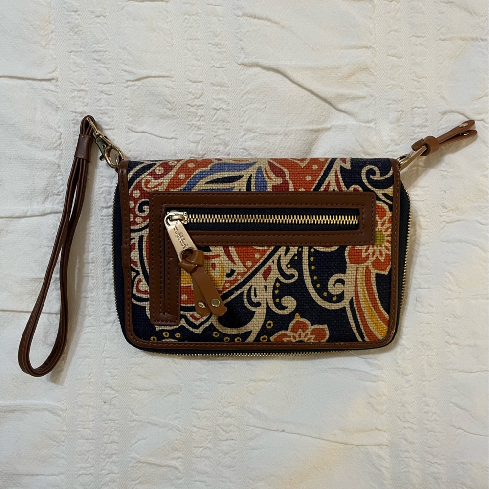 Spartina 449 Orange and Brown Clutch Wristlet with Floral Accent